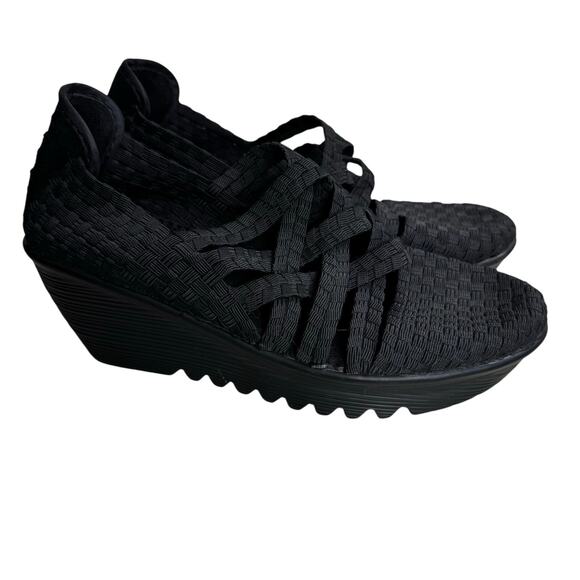Bernie Mev. Black Strappy Wedge Platform Shoes Size 39 or U.S. Size 8 Woven - Picture 1 of 9